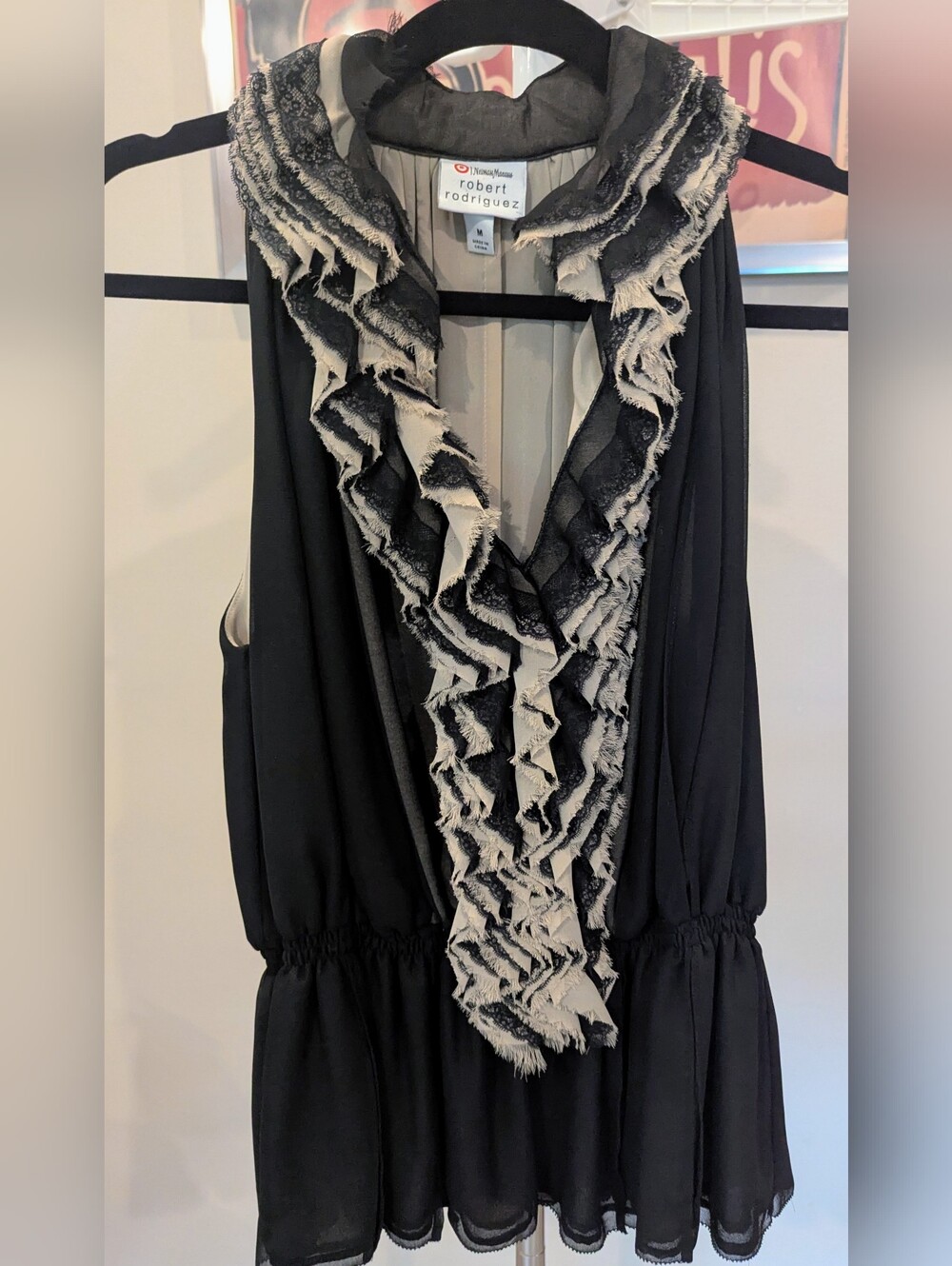 $15 Robert Rodriguez Blouse - Size M - Womens Black Ruffle Sleeveless Peplum